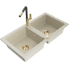 Mexen Mario 2-compartment granite sink with a kitchen mixer tap Flora, Beige - 6504-69-670401-57-G