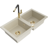 Mexen Mario granite double bowl sink with Flora kitchen faucet, beige - 6504-69-670401-57-G