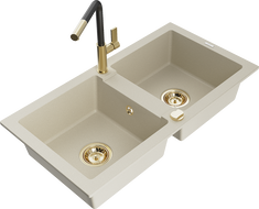 Mexen Mario 2-compartment granite sink with a kitchen mixer tap Flora, Beige - 6504-69-670401-57-G