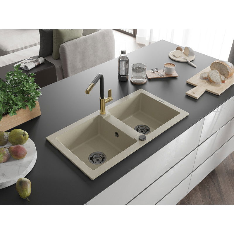 Mexen Mario 2-bowl Granite Kitchen Sink with Flora Tap, Beige - 6504-69-670401-57-B