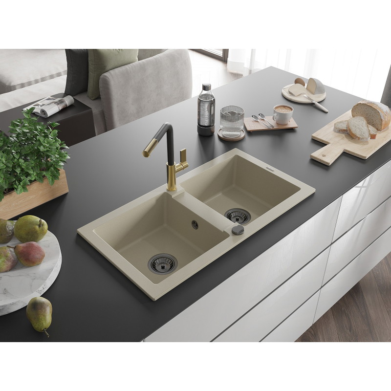 Mexen Mario 2-bowl granite sink with Flora kitchen faucet, beige - 6504-69-670401-57-B