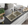 Mexen Mario granite double-bowl sink with Flora kitchen faucet, beige - 6504-69-670401-57-B
