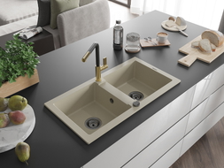Mexen Mario 2-bowl granite sink with Flora kitchen faucet, beige - 6504-69-670401-57-B