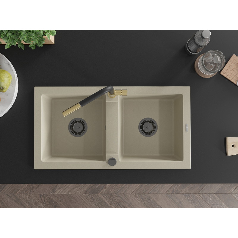 Mexen Mario granite double-bowl sink with Flora kitchen faucet, beige - 6504-69-670401-57-B