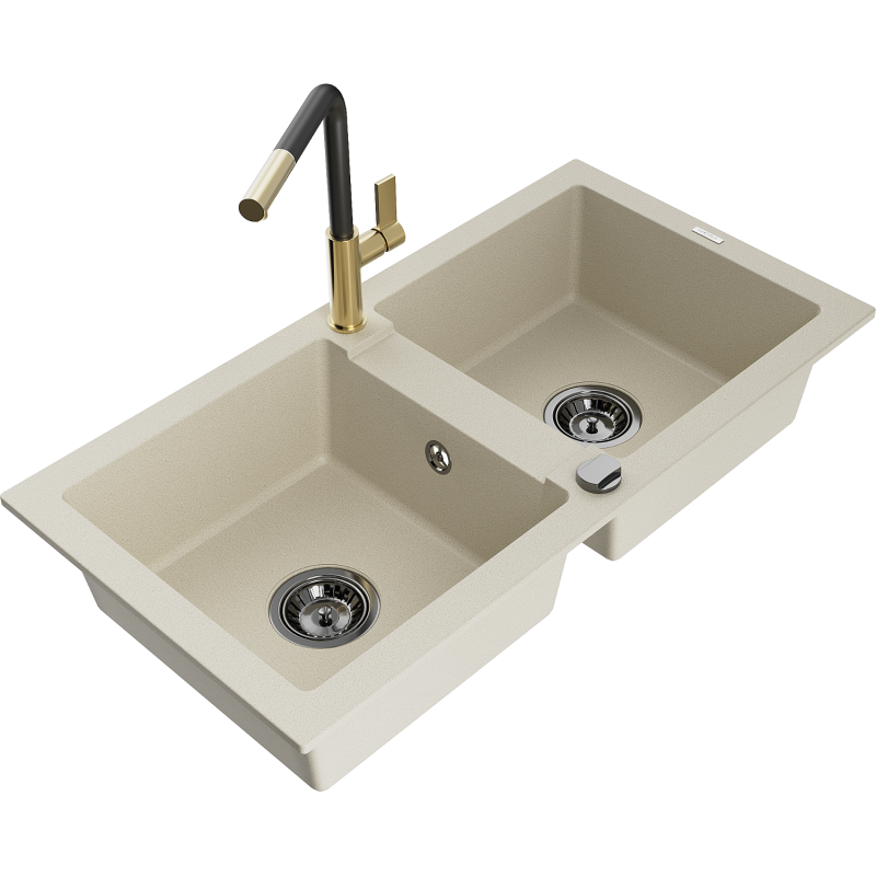 Mexen Mario 2-bowl Granite Kitchen Sink with Flora Tap, Beige - 6504-69-670401-57-B