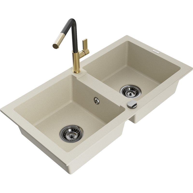 Mexen Mario granite double-bowl sink with Flora kitchen faucet, beige - 6504-69-670401-57-B
