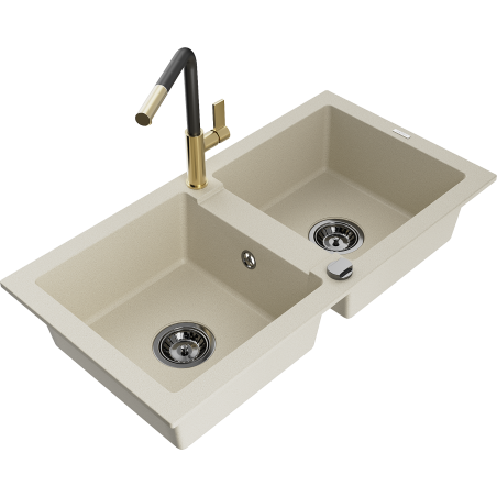 Mexen Mario 2-bowl Granite Kitchen Sink with Flora Tap, Beige - 6504-69-670401-57-B