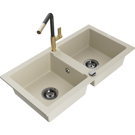 Mexen Mario 2-bowl granite sink with Flora kitchen faucet, beige - 6504-69-670401-57-B