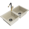Mexen Mario 2-bowl granite sink with Flora kitchen faucet, beige - 6504-69-670401-57-B