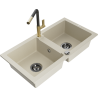 Mexen Mario granite double-bowl sink with Flora kitchen faucet, beige - 6504-69-670401-57-B
