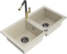 Mexen Mario 2-bowl granite sink with Flora kitchen faucet, beige - 6504-69-670401-57-B