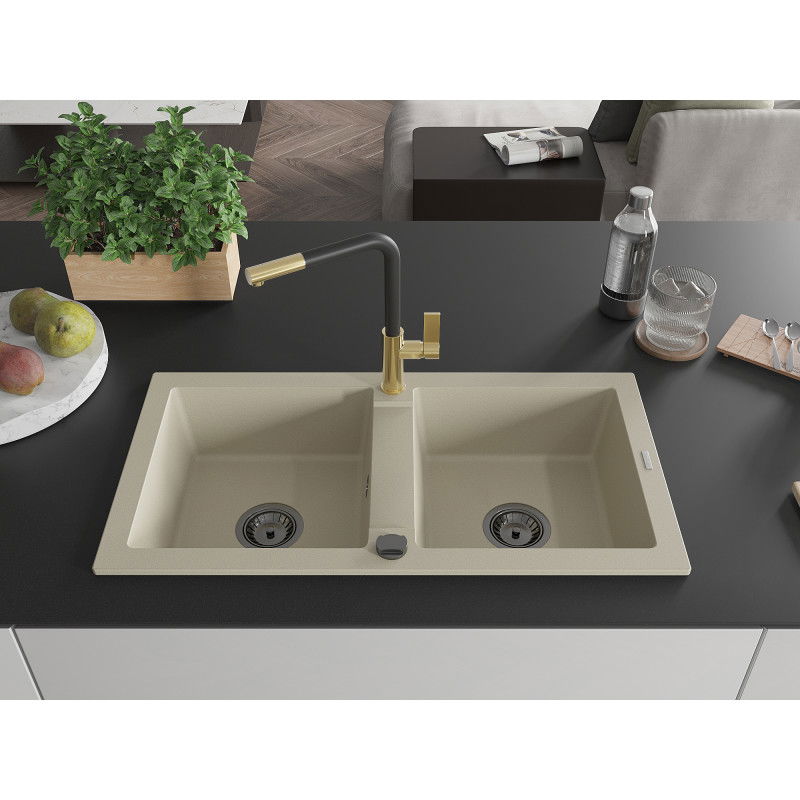 Mexen Mario 2-bowl Granite Kitchen Sink with Flora Tap, Beige - 6504-69-670401-57-B