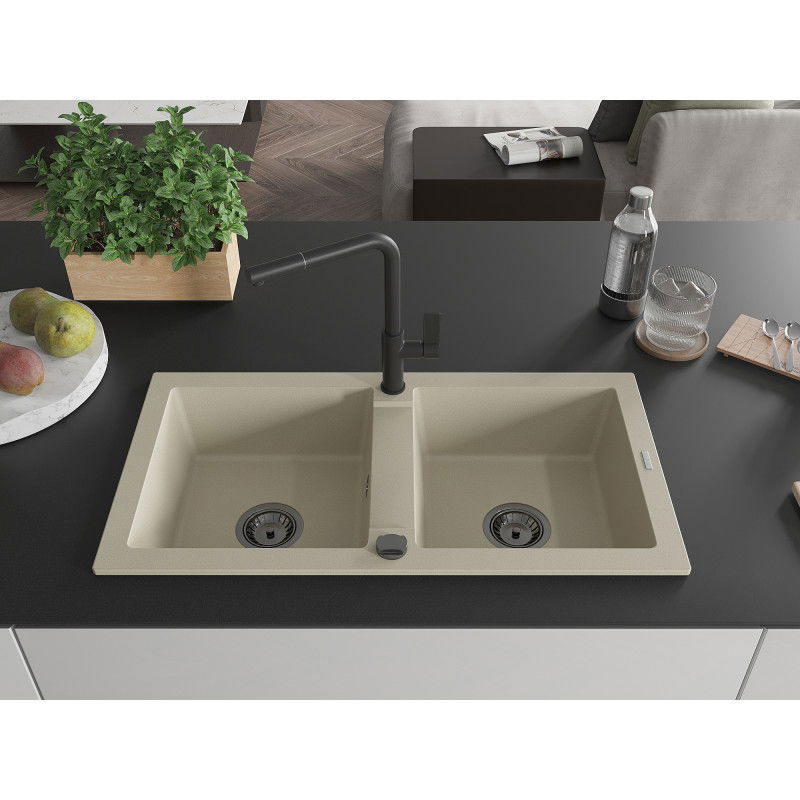 Mexen Mario 2-basin Granite Sink with Flora Kitchen Faucet, Beige - 6504-69-670401-70-B