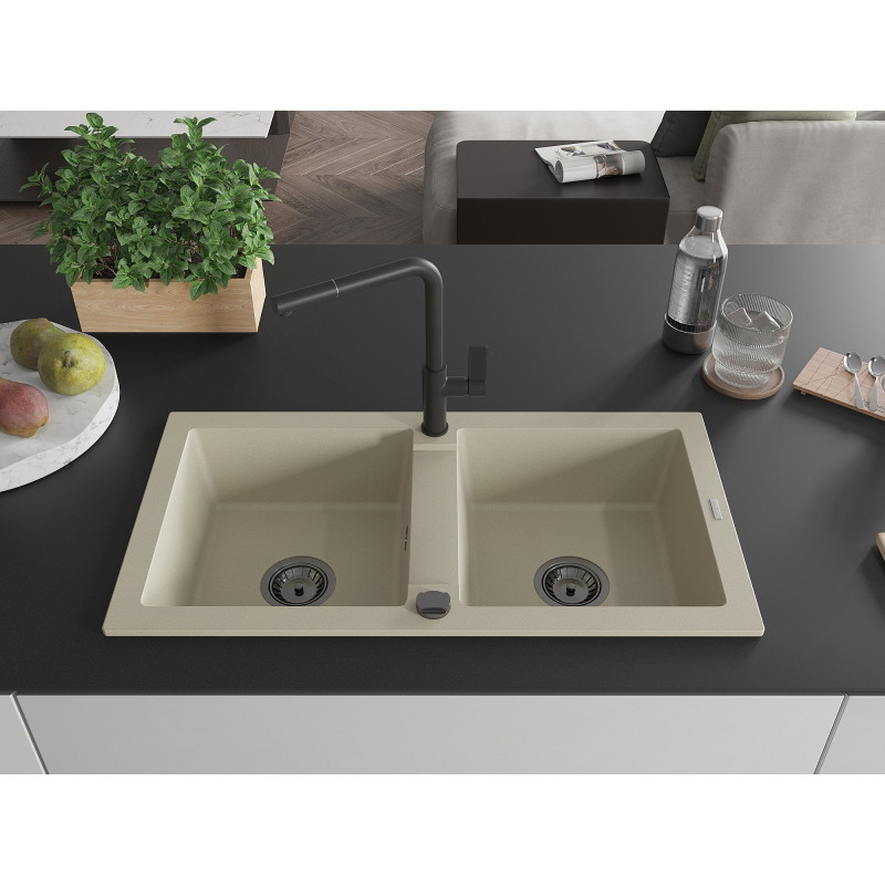 Mexen Mario granite double-bowl kitchen sink with Flora faucet, beige - 6504-69-670401-70-B