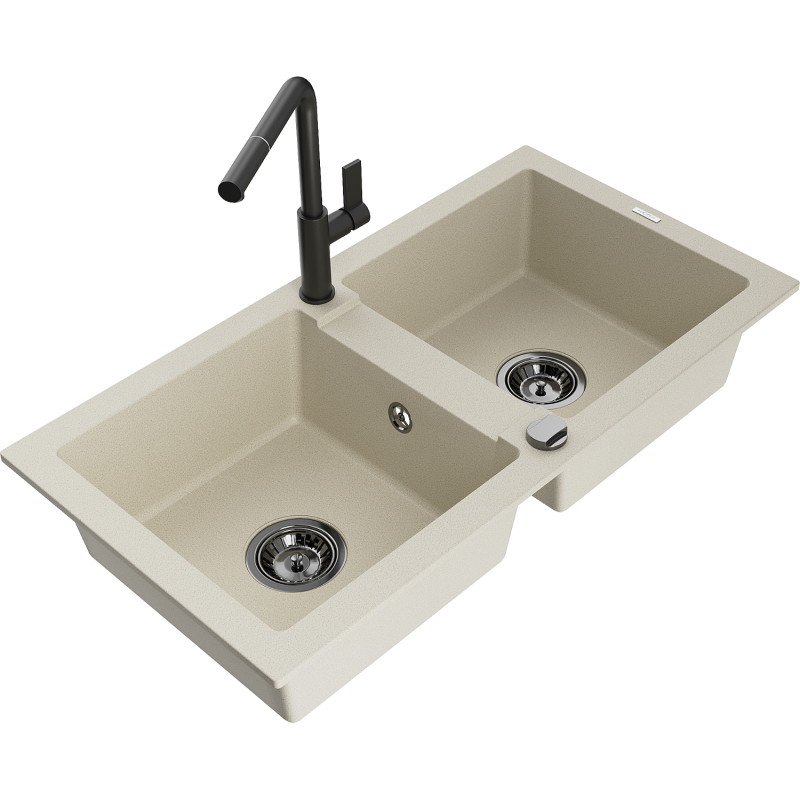 Mexen Mario granite double-bowl kitchen sink with Flora faucet, beige - 6504-69-670401-70-B