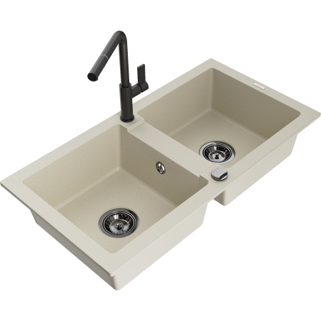Mexen Mario granite double-bowl kitchen sink with Flora faucet, beige - 6504-69-670401-70-B