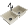 Mexen Mario granite double-basin sink with Flora kitchen faucet, beige - 6504-69-670401-70-B