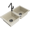 Mexen Mario granite double-bowl kitchen sink with Flora faucet, beige - 6504-69-670401-70-B
