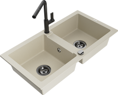 Mexen Mario granite double-basin sink with Flora kitchen faucet, beige - 6504-69-670401-70-B