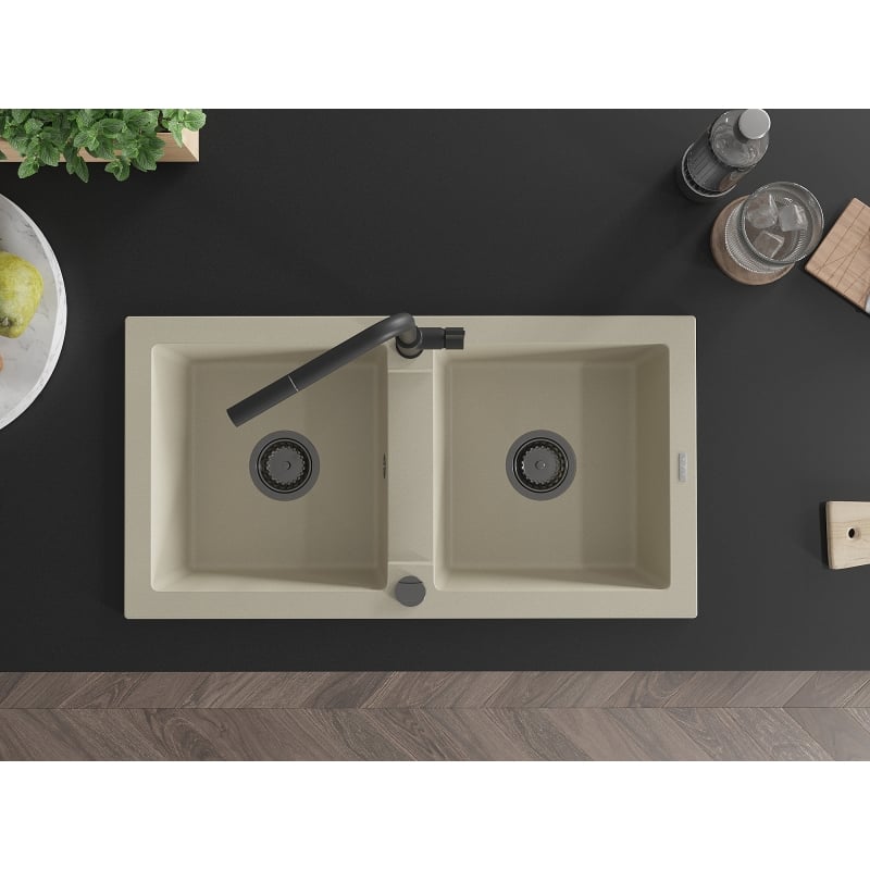 Mexen Mario granite double-bowl kitchen sink with Flora faucet, beige - 6504-69-670401-70-B