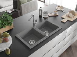 Mexen Mario granite double-bowl sink with Flora kitchen faucet, gray - 6504-71-670401-00
