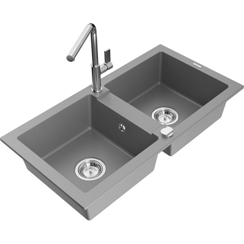 Mexen Mario granit sink double-bowl with Flora kitchen faucet, gray - 6504-71-670401-00