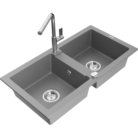 Mexen Mario granite double-bowl sink with Flora kitchen faucet, gray - 6504-71-670401-00