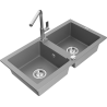 Mexen Mario granite double-bowl sink with Flora kitchen faucet, gray - 6504-71-670401-00