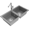 Mexen Mario granite sink 2-bowl with Flora kitchen tap, grey - 6504-71-670401-00