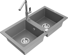 Mexen Mario 2-compartment granite sink with a kitchen mixer tap Flora, Grey - 6504-71-670401-00