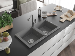 Mexen Mario 2-compartment granite sink with a kitchen mixer tap Flora, Grey - 6504-71-670401-06
