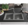 Mexen Mario granite sink 2-bowl with Flora kitchen tap, grey - 6504-71-670401-06