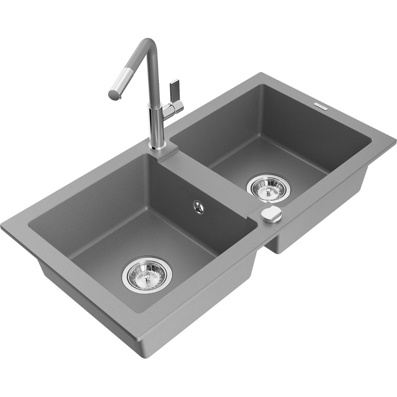 Mexen Mario granite double-bowl kitchen sink with Flora faucet, gray - 6504-71-670401-06