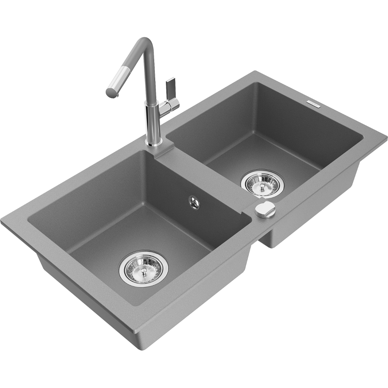 Mexen Mario granite sink 2-bowl with Flora kitchen tap, grey - 6504-71-670401-06