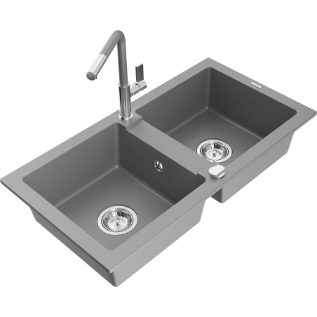 Mexen Mario granite kitchen sink 2-bowl with Flora kitchen faucet, gray - 6504-71-670401-06