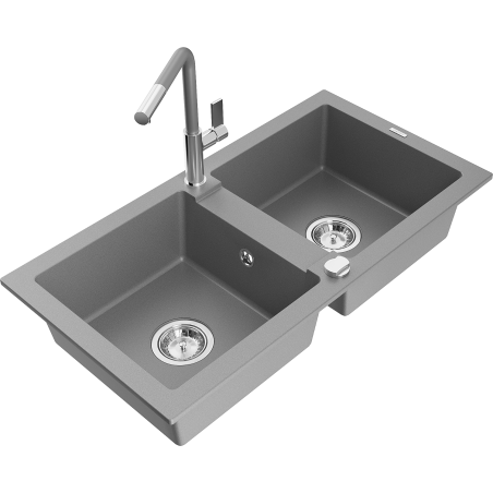 Mexen Mario granite sink 2-bowl with Flora kitchen tap, grey - 6504-71-670401-06