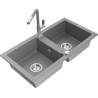 Mexen Mario granite kitchen sink 2-bowl with Flora kitchen faucet, gray - 6504-71-670401-06