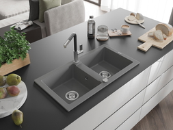 Mexen Mario 2-bowl granite sink with Flora kitchen faucet, gray - 6504-71-670401-07