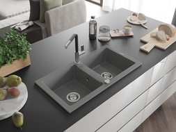 Mexen Mario 2-compartment granite sink with a kitchen mixer tap Flora, Grey - 6504-71-670401-07