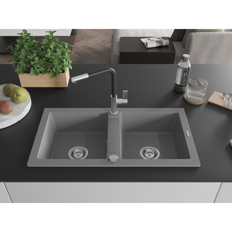 Mexen Mario 2-bowl granite sink with Flora kitchen faucet, gray - 6504-71-670401-07