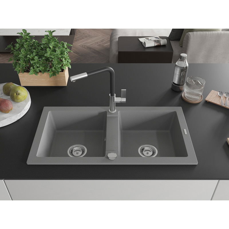 Mexen Mario granite sink 2-chamber with Flora kitchen tap, grey - 6504-71-670401-07