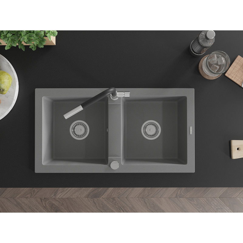 Mexen Mario granite sink 2-chamber with Flora kitchen tap, grey - 6504-71-670401-07