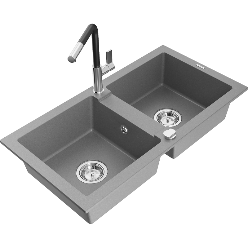 Mexen Mario 2-compartment granite sink with a kitchen mixer tap Flora, Grey - 6504-71-670401-07