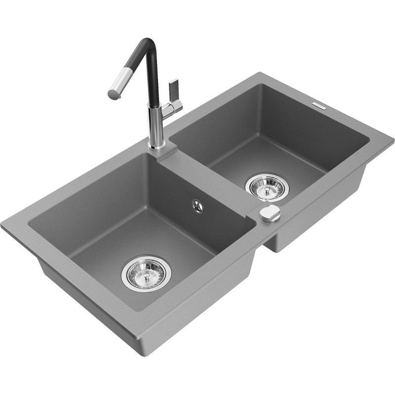 Mexen Mario granite kitchen sink two-bowl with Flora kitchen faucet, gray - 6504-71-670401-07
