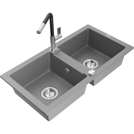 Mexen Mario granite sink 2-chamber with Flora kitchen tap, grey - 6504-71-670401-07