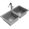 Mexen Mario 2-bowl granite sink with Flora kitchen faucet, gray - 6504-71-670401-07