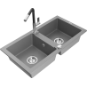 Mexen Mario granite kitchen sink two-bowl with Flora kitchen faucet, gray - 6504-71-670401-07