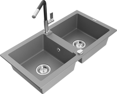Mexen Mario 2-bowl granite sink with Flora kitchen faucet, gray - 6504-71-670401-07