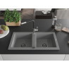 Mexen Mario granite kitchen sink 2-bowl with Flora kitchen faucet, gray - 6504-71-670401-07-B