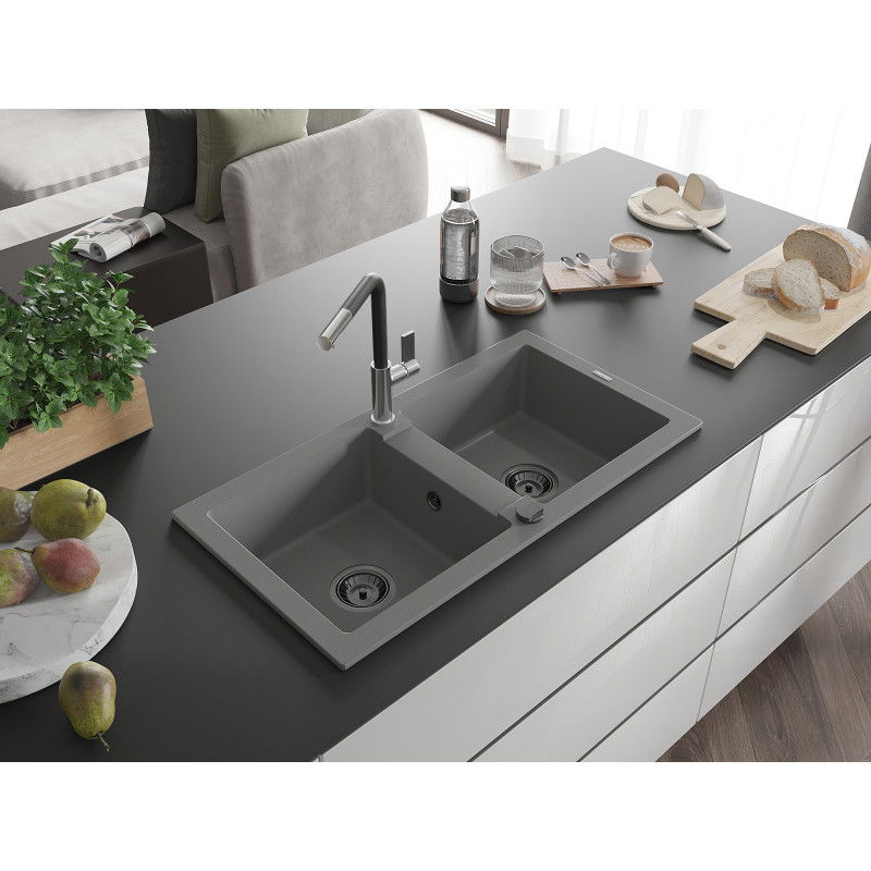 Mexen Mario granite kitchen sink 2-bowl with Flora kitchen tap, grey - 6504-71-670401-07-B